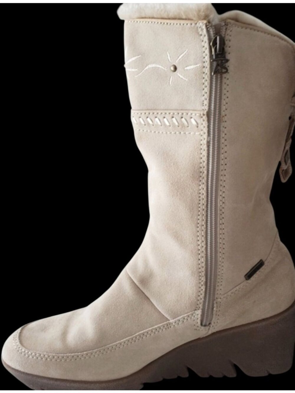Beige Suede Waterproof Mid-Calf Boots With Embroidered Boho  Detail & Fur Lining - Picture 3 of 16